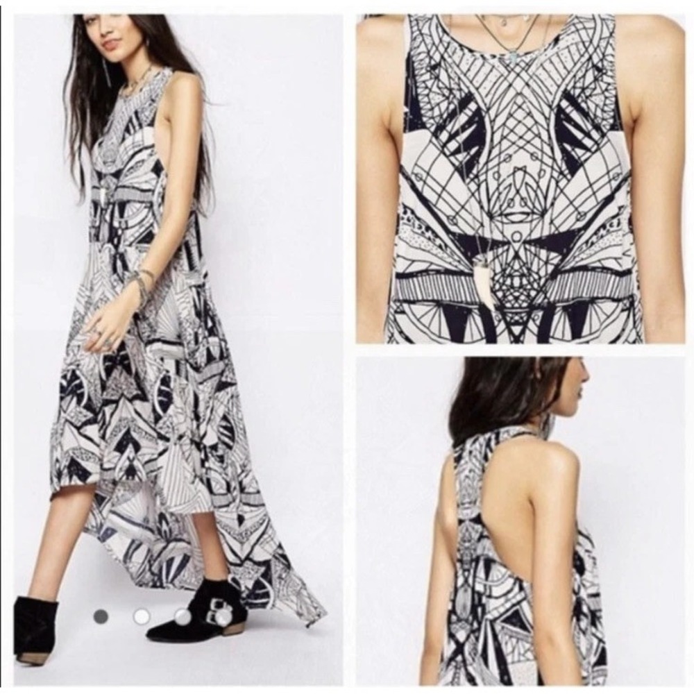 Free People La Mar High Low Maxi Dress Sz S Black White Boho Artsy Summer